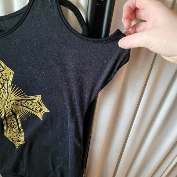 Women's size medium black cold shoulder style tunic top w/ gold cross - Picture 2 of 5